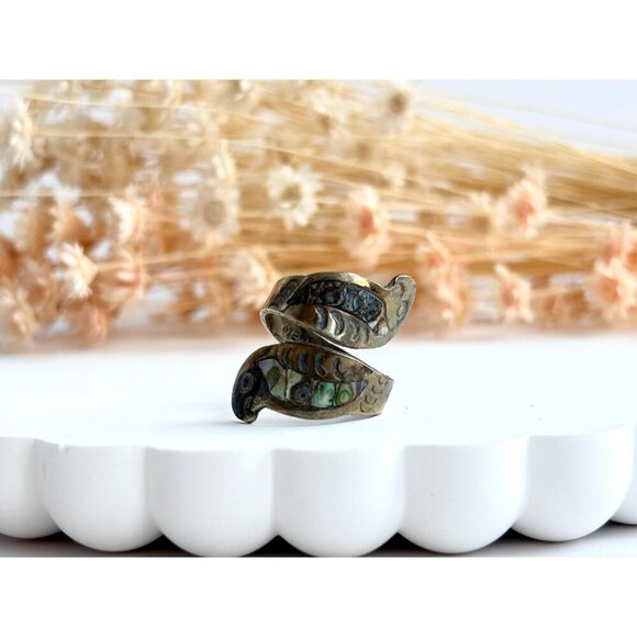 Abalone Sterling Silver Parrot Figural Mexican Adjustable Vintage Ring - sz 5 - Picture 4 of 10